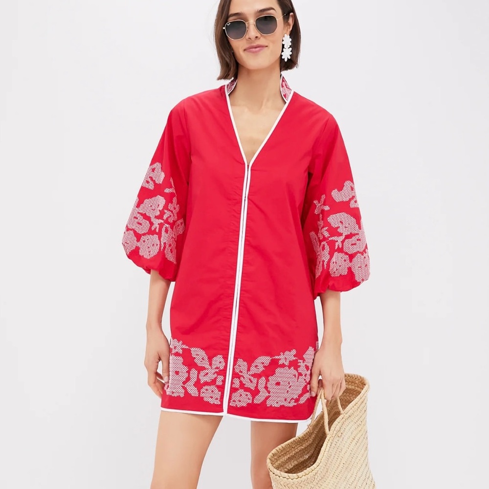 Elegant Red Floral Dress with White Embroidery